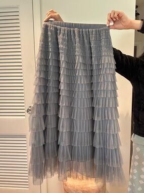 Gray Tulle Midi Skirt